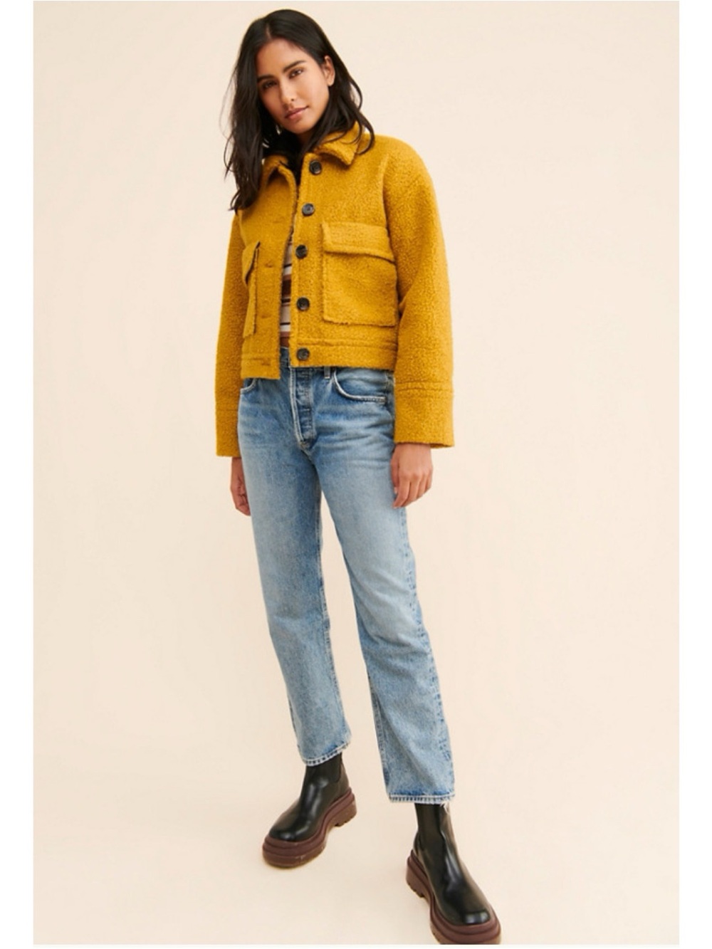 Revolve b. young Aslan Teddy Cropped Jacket in Gold Mustard US 8 $168